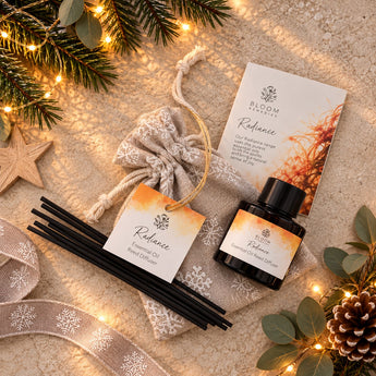 Radiance Small Essential Oil Reed Diffuser in FESTIVE linen bag