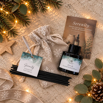 Serenity Small Essential Oil Reed Diffuser in FESTIVE snowflake bag
