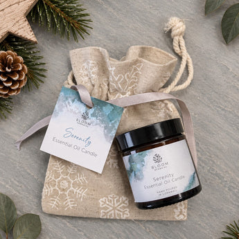 Serenity Essential Oil Candle for happiness & joy in FESTIVE bag
